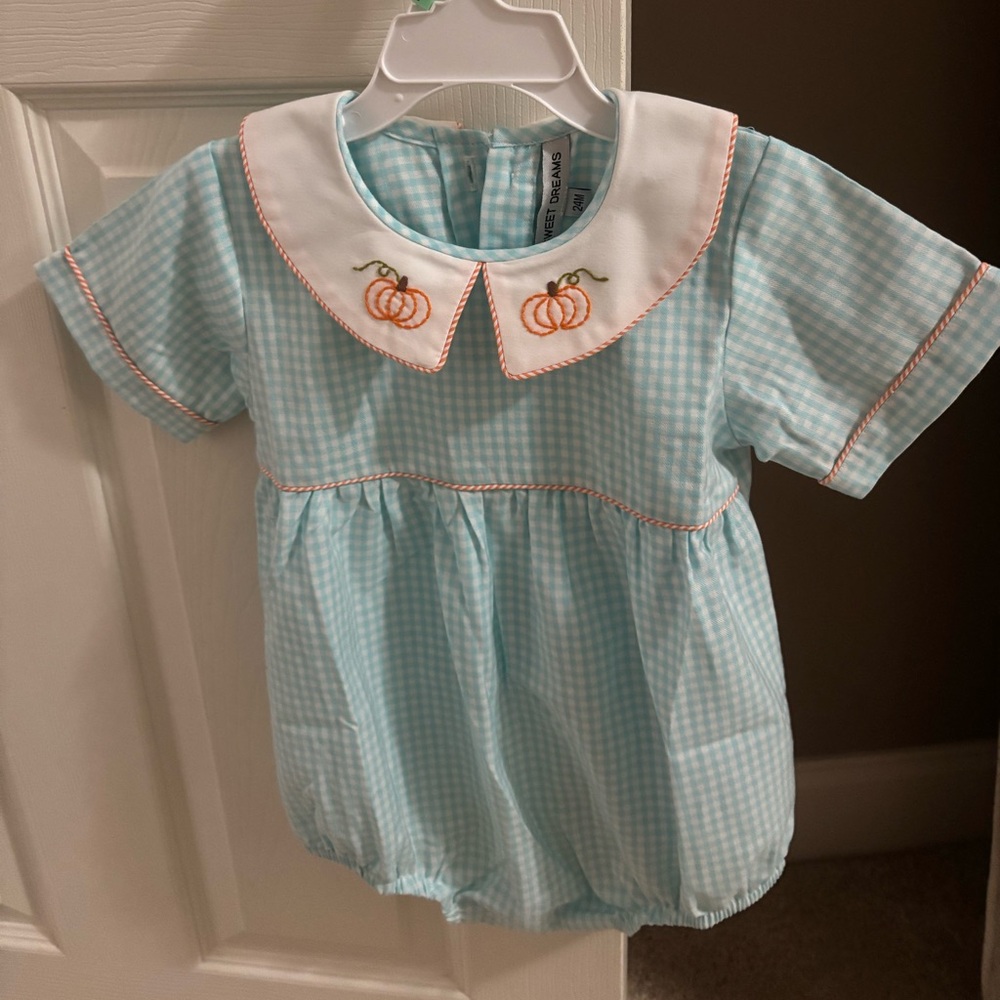 NWOT Sweet Dreams Light Blue Gingham Pumpkin Romper